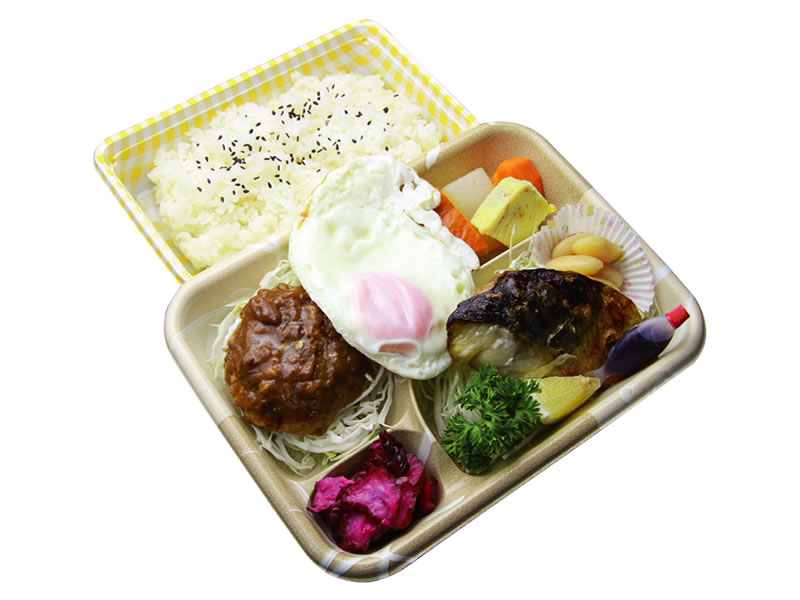 目玉焼きデミハンバーグ鯖塩焼きダブル弁当